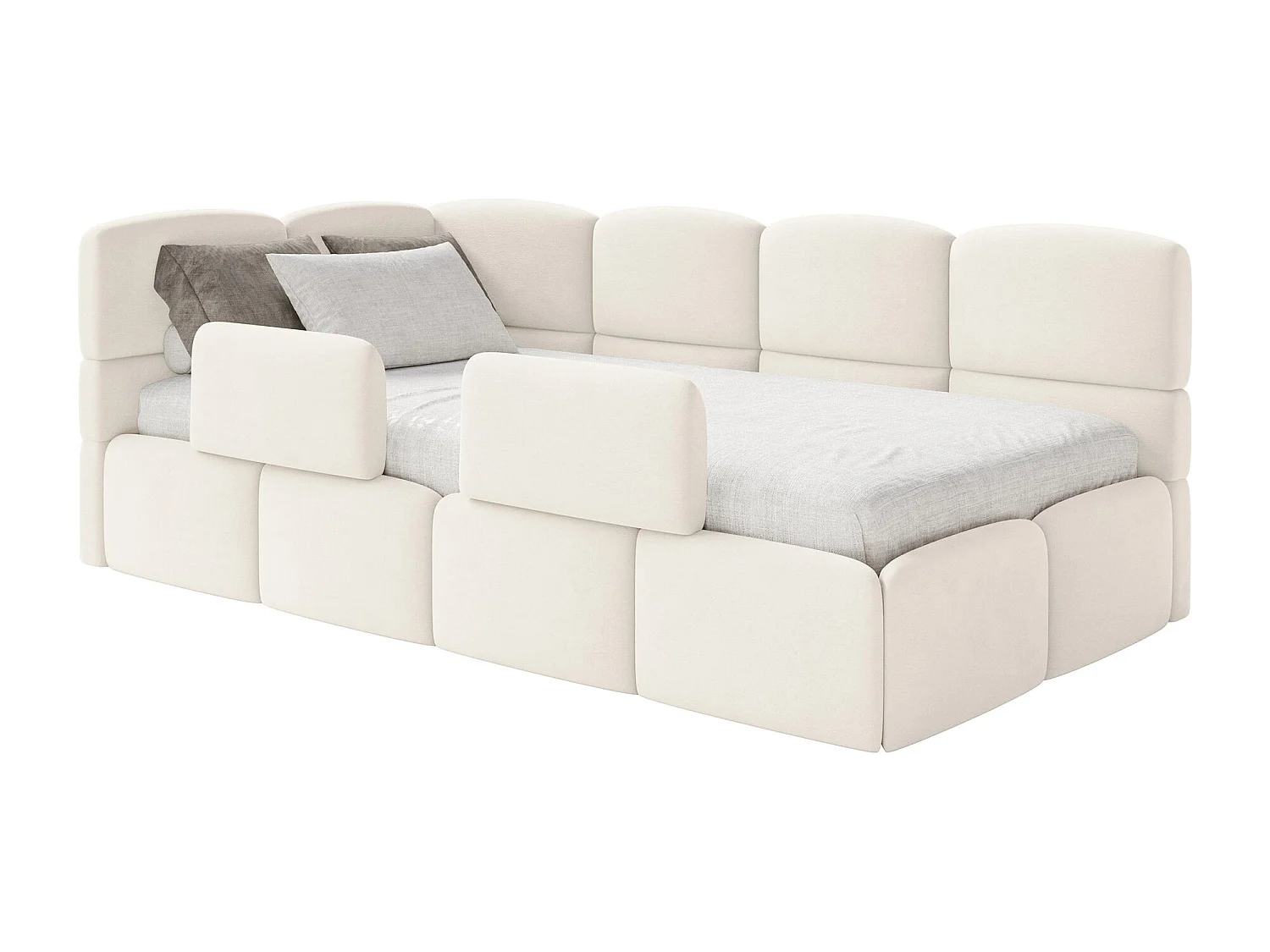 Lit enfant 120x200 cm – tête de lit à gauche – matelas & coffre de rangement – velours crème – CLOUDY