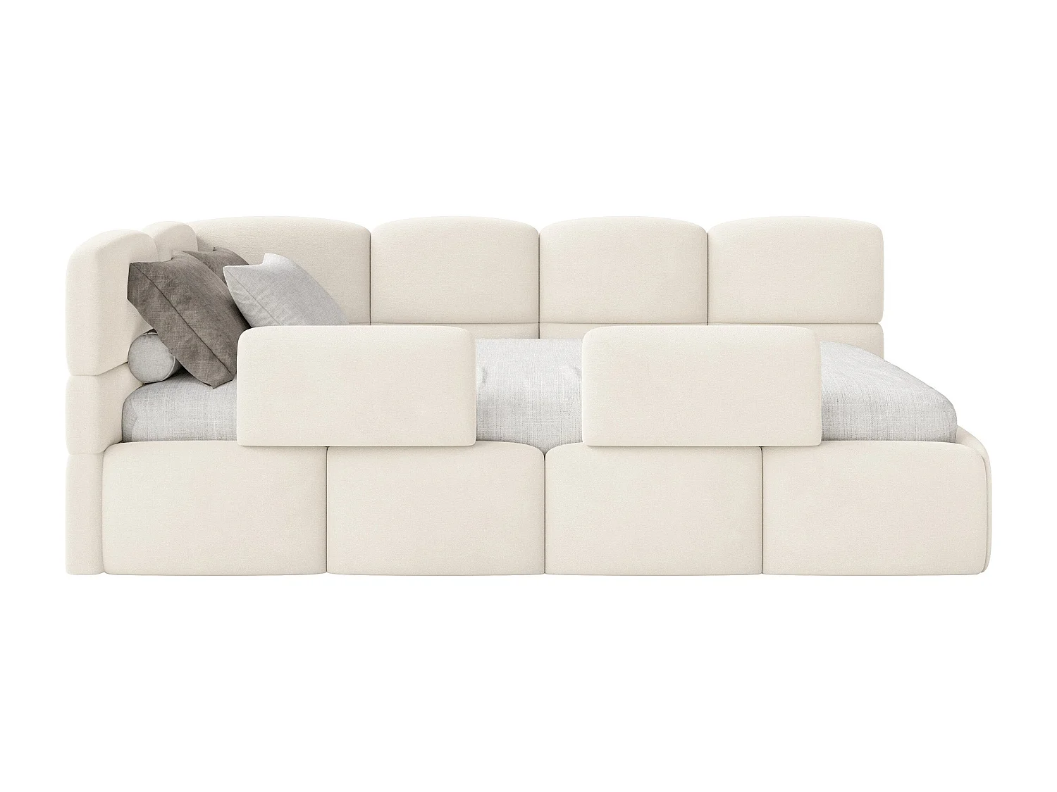 Lit enfant 120x200 cm – tête de lit à gauche – matelas & coffre de rangement – velours crème – CLOUDY