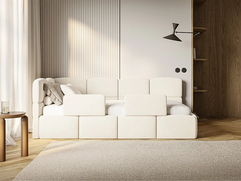 Lit enfant 120x200 cm – tête de lit à gauche – matelas & coffre de rangement – velours crème – CLOUDY