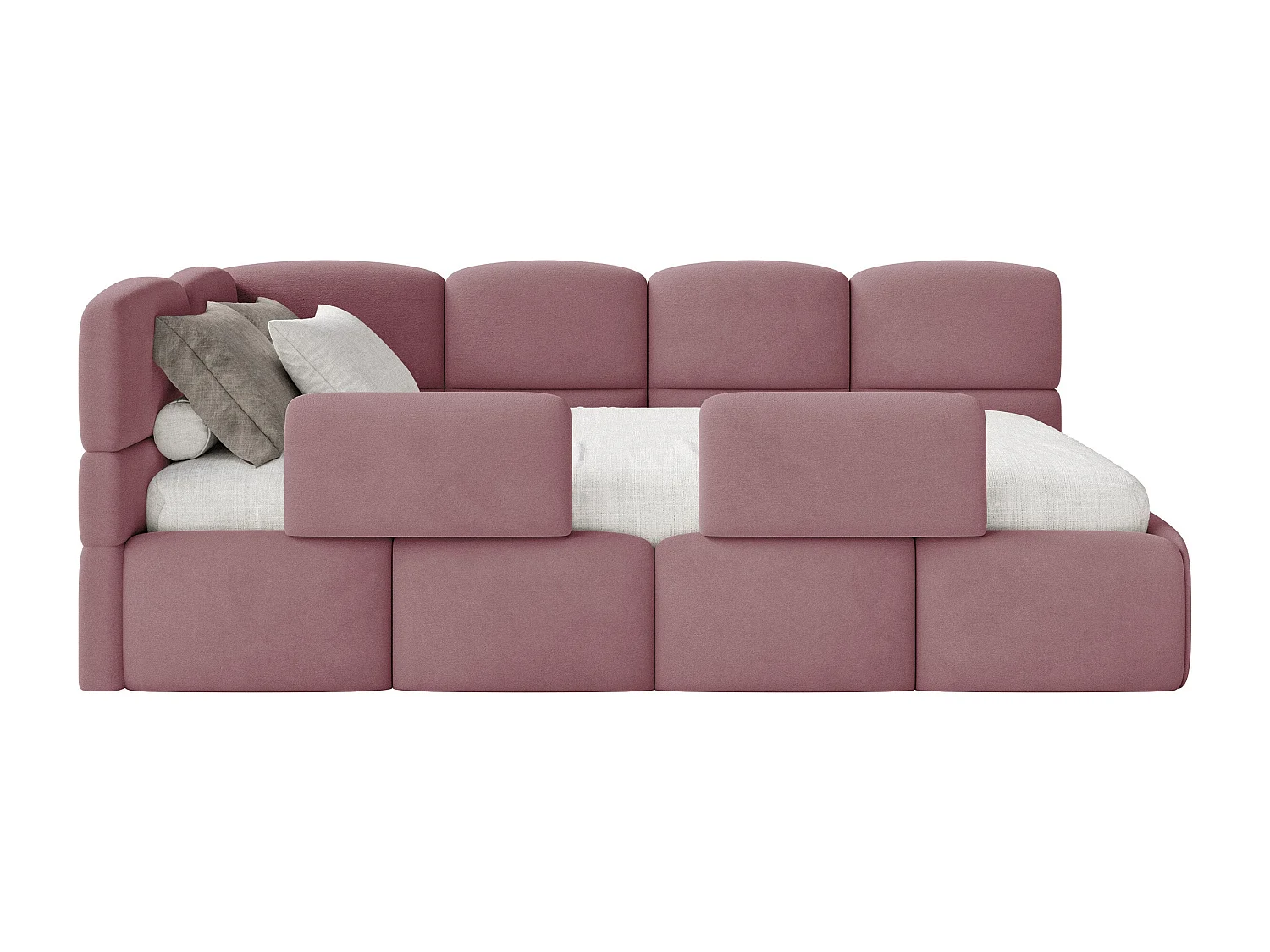 Lit enfant 120x200 cm – tête de lit à gauche – matelas & coffre de rangement – velours rose – CLOUDY