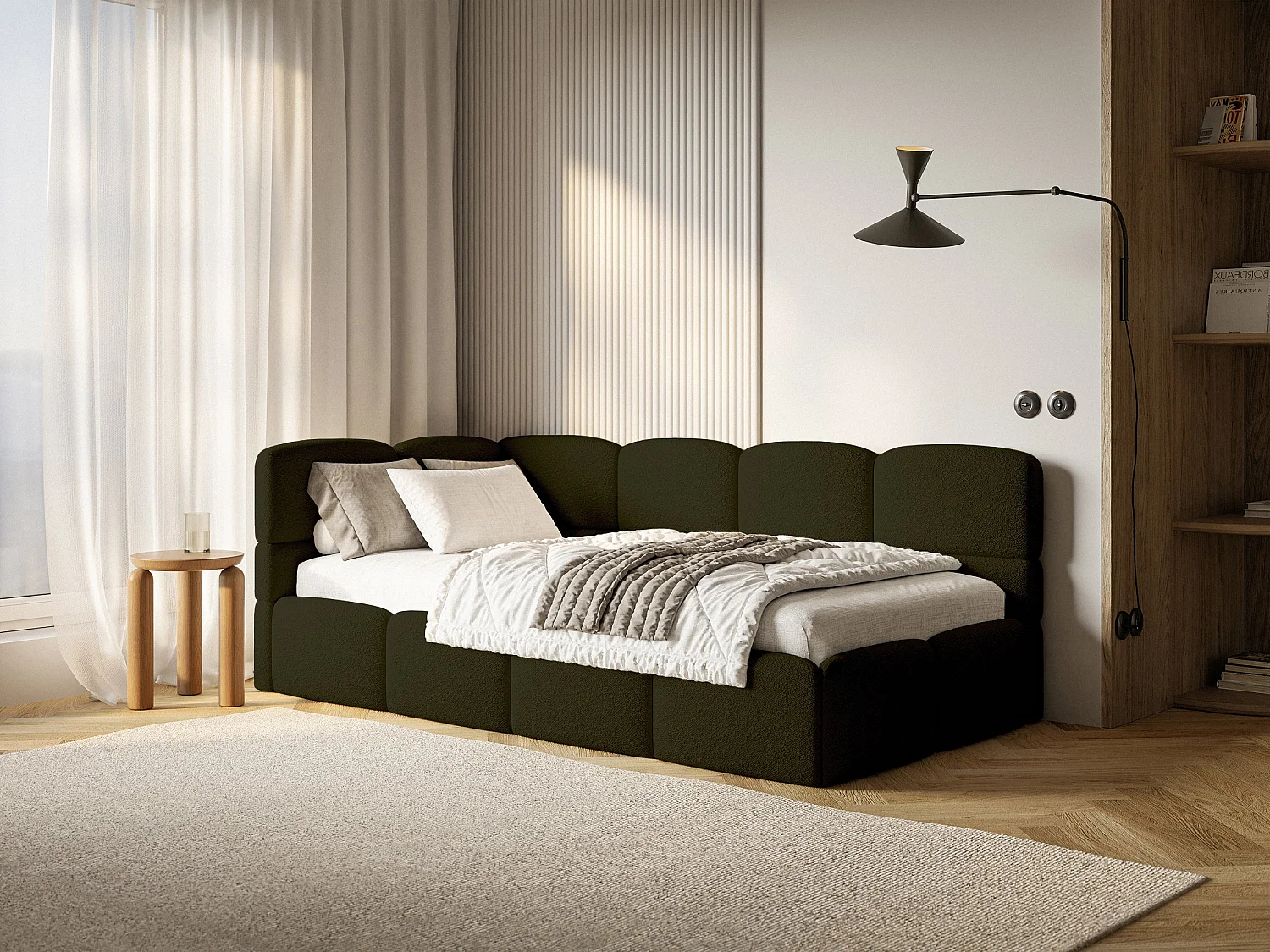 Einzelbett 120x200 Kopfteil links – Matratze & Stauraum – Bouclé Olivgrün – CLOUDY