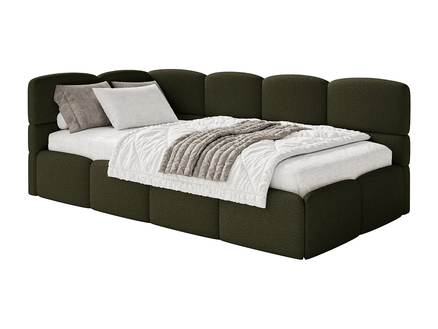 Einzelbett 120x200 Kopfteil links – Matratze & Stauraum – Bouclé Olivgrün – CLOUDY