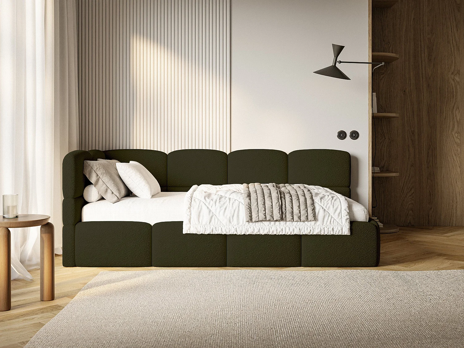 Eenpersoonsbed 120x200 – bouclé – olijfgroen – links – CLOUDY