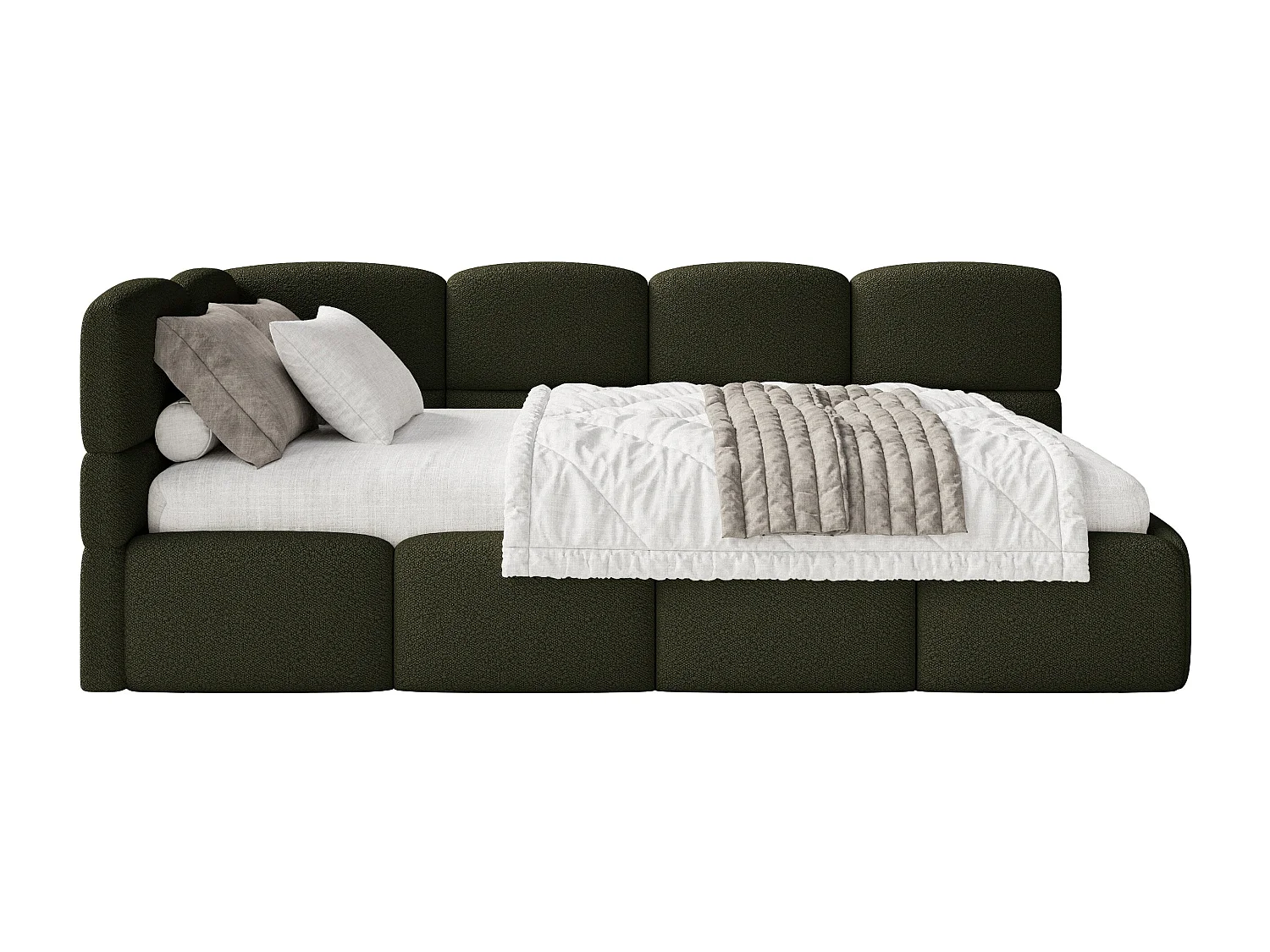 Eenpersoonsbed 120x200 – bouclé – olijfgroen – links – CLOUDY