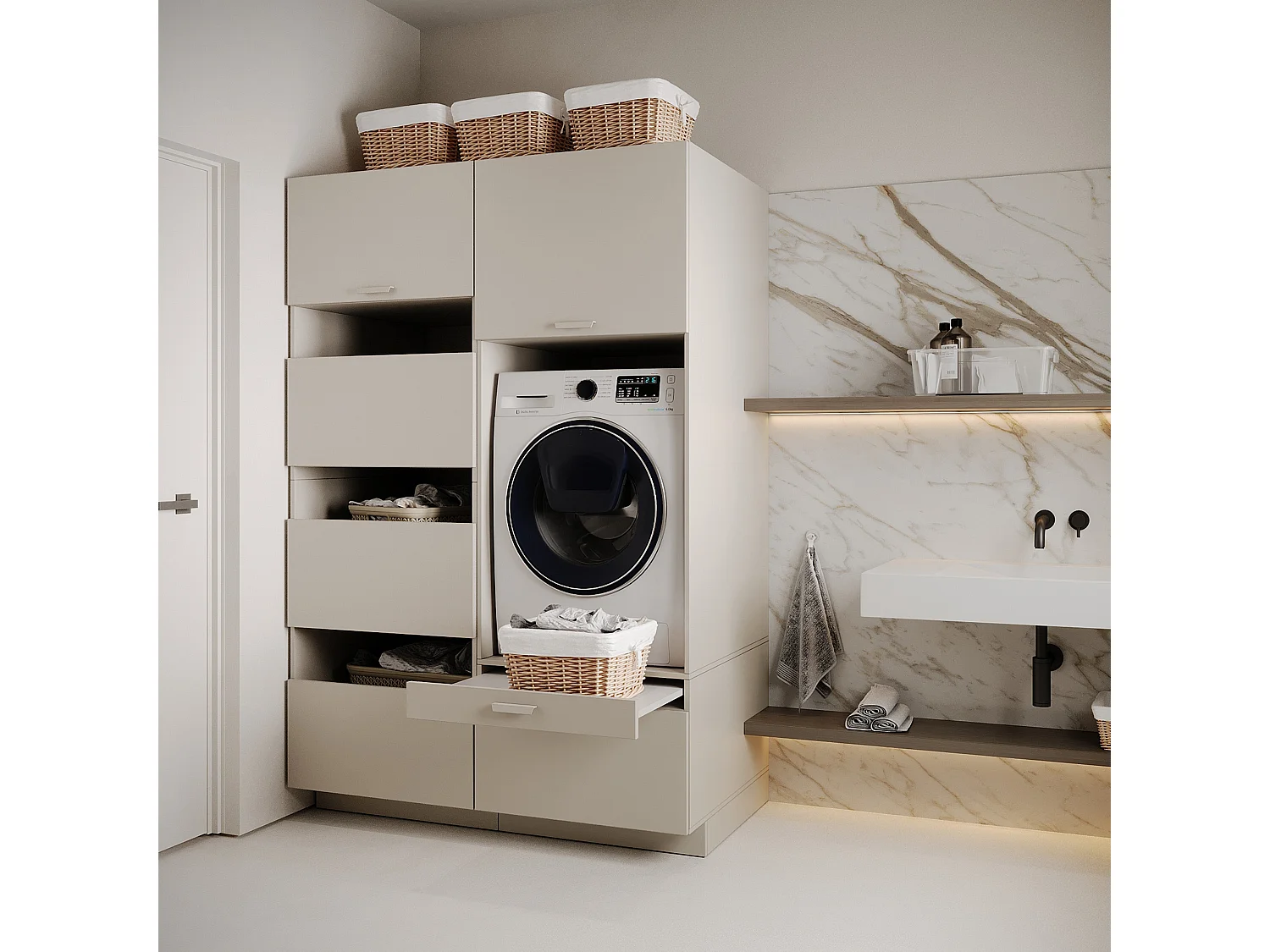 Waschmaschinenschrank 68 cm – für 1 Gerät, mit Schublade und Einlegeboden – Kaschmirgrau – HOLV