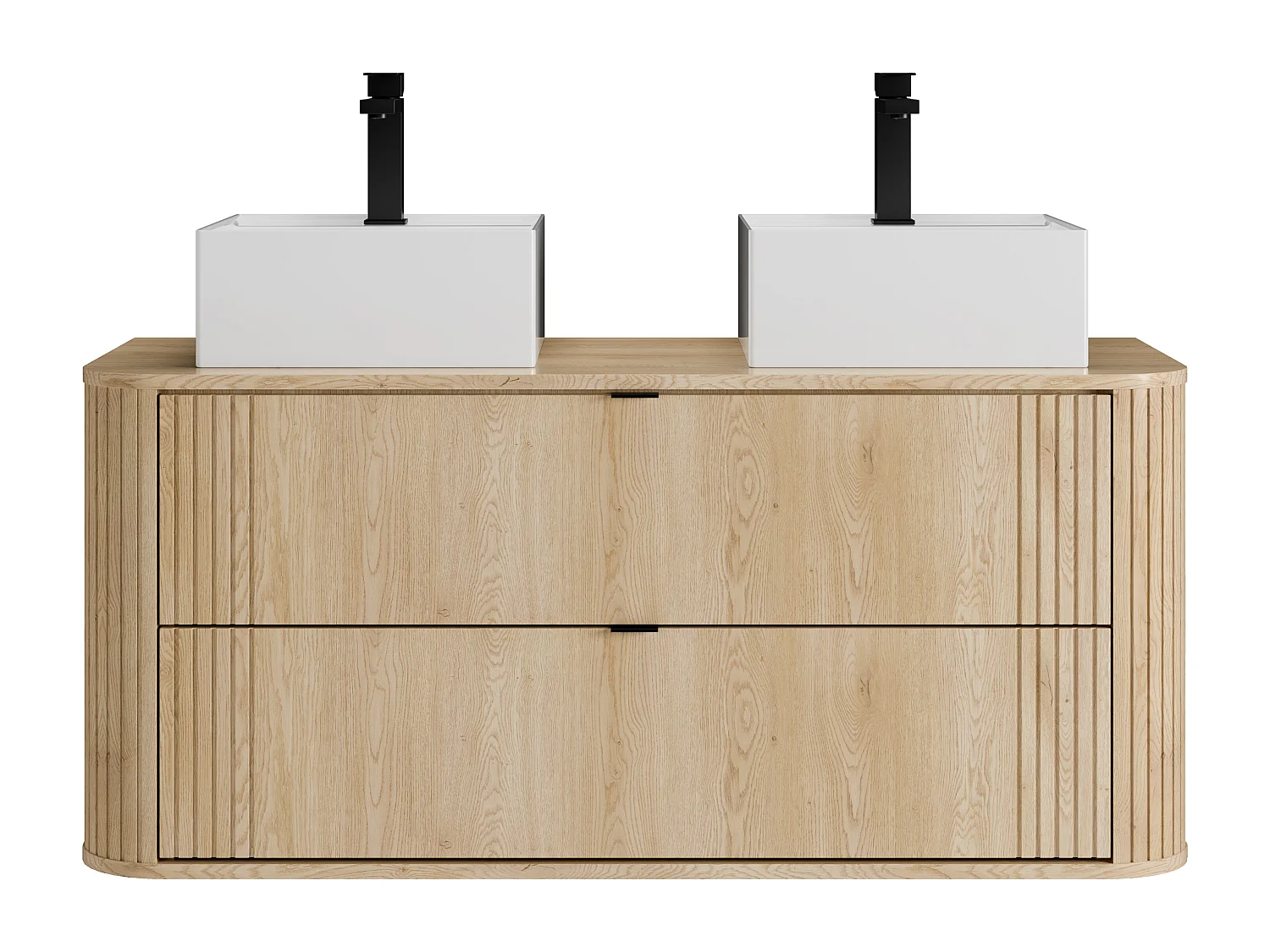 Hängender Waschtischunterschrank mit Doppel-Waschbecken quadratisch zum Aufstellen und Armatur, helles Naturholz, L120 cm - FILOR