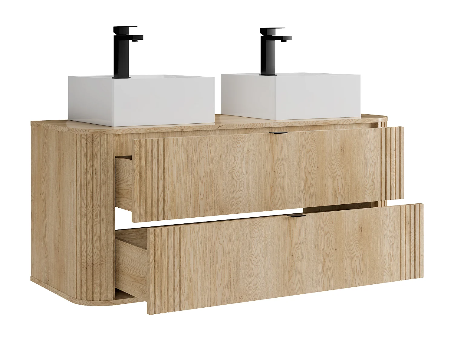 Hängender Waschtischunterschrank mit Doppel-Waschbecken quadratisch zum Aufstellen und Armatur, helles Naturholz, L120 cm - FILOR