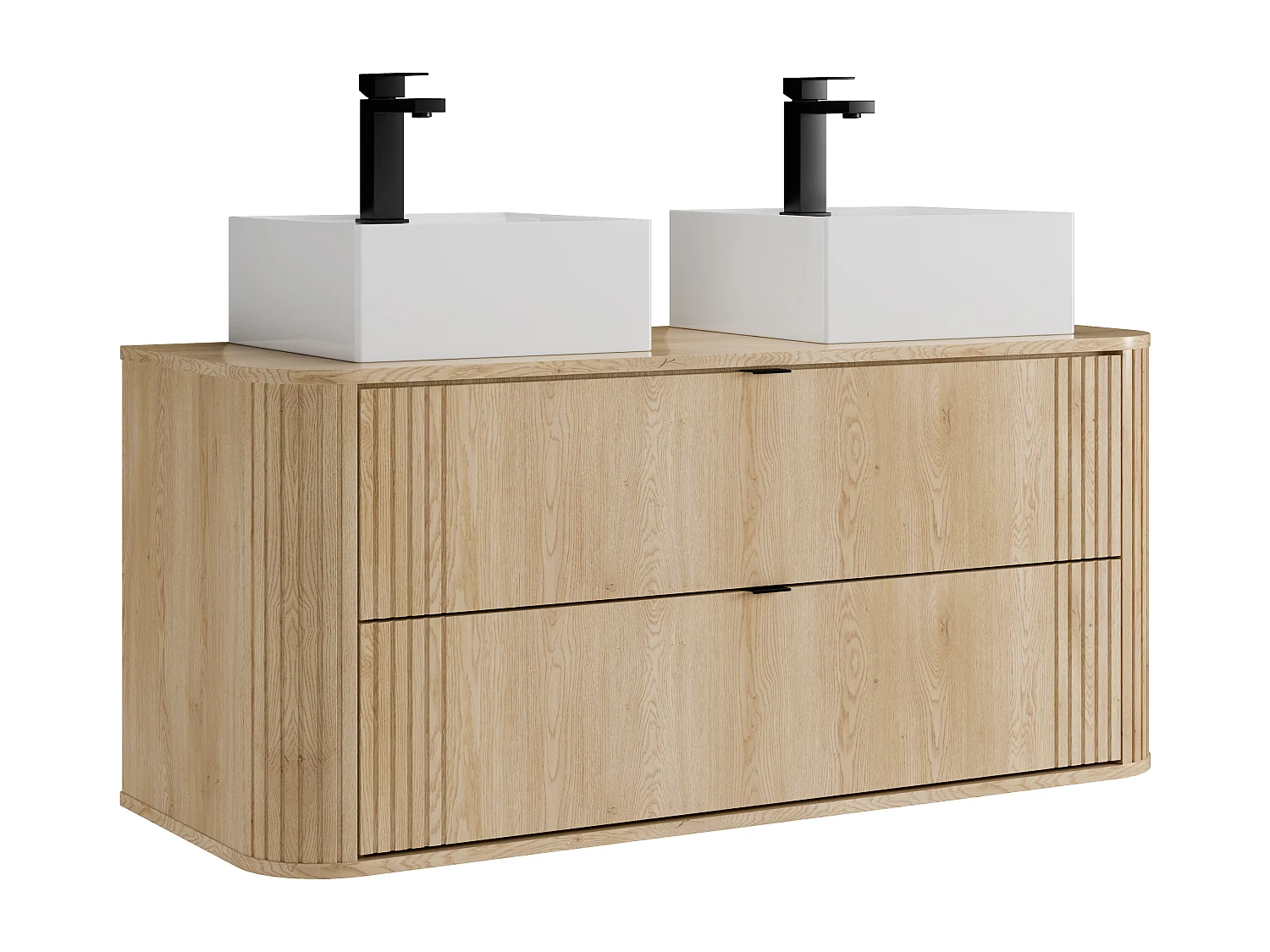 Hängender Waschtischunterschrank mit Doppel-Waschbecken quadratisch zum Aufstellen und Armatur, helles Naturholz, L120 cm - FILOR