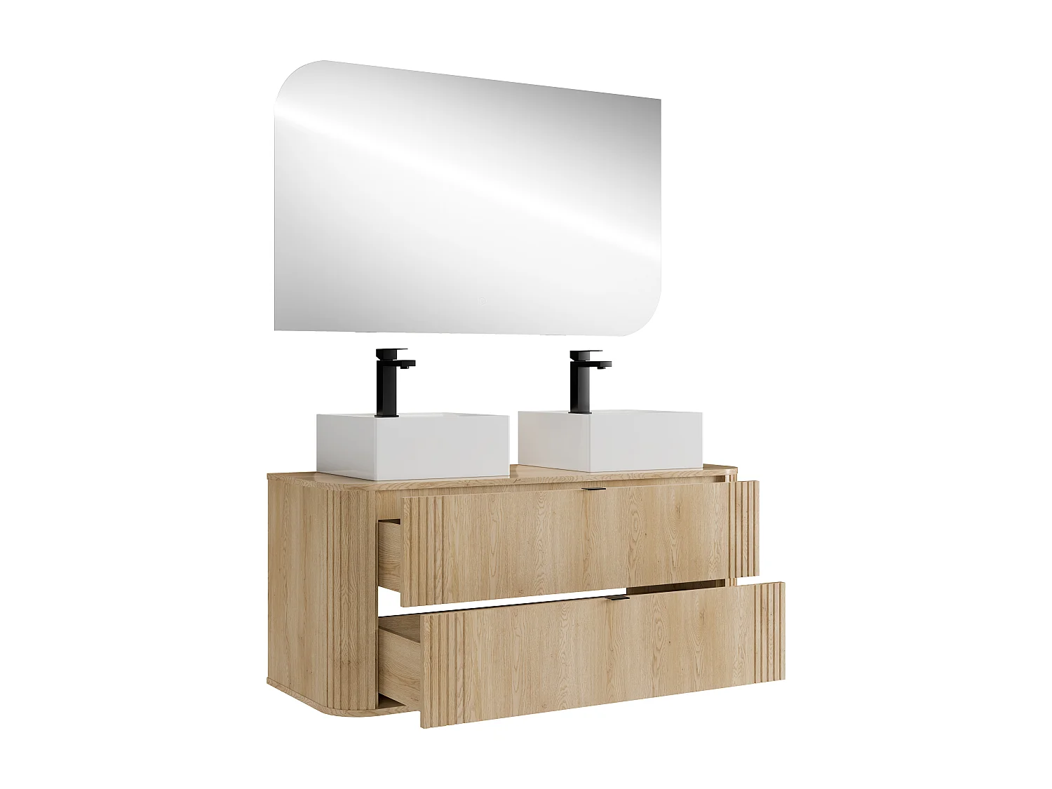 Hängender Waschtischunterschrank mit Doppel-Waschbecken quadratisch zum Aufstellen, Armatur und Spiegel, helles Naturholz, L120 cm - FILOR