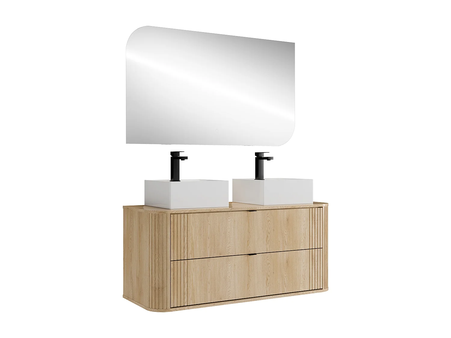 Hängender Waschtischunterschrank mit Doppel-Waschbecken quadratisch zum Aufstellen, Armatur und Spiegel, helles Naturholz, L120 cm - FILOR