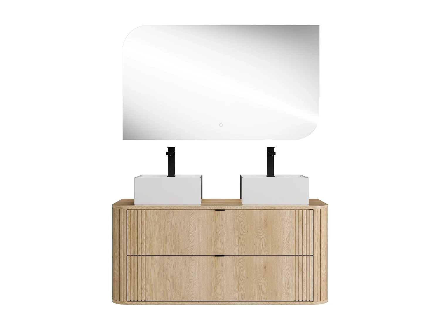 Hängender Waschtischunterschrank mit Doppel-Waschbecken quadratisch zum Aufstellen, Armatur und Spiegel, helles Naturholz, L120 cm - FILOR