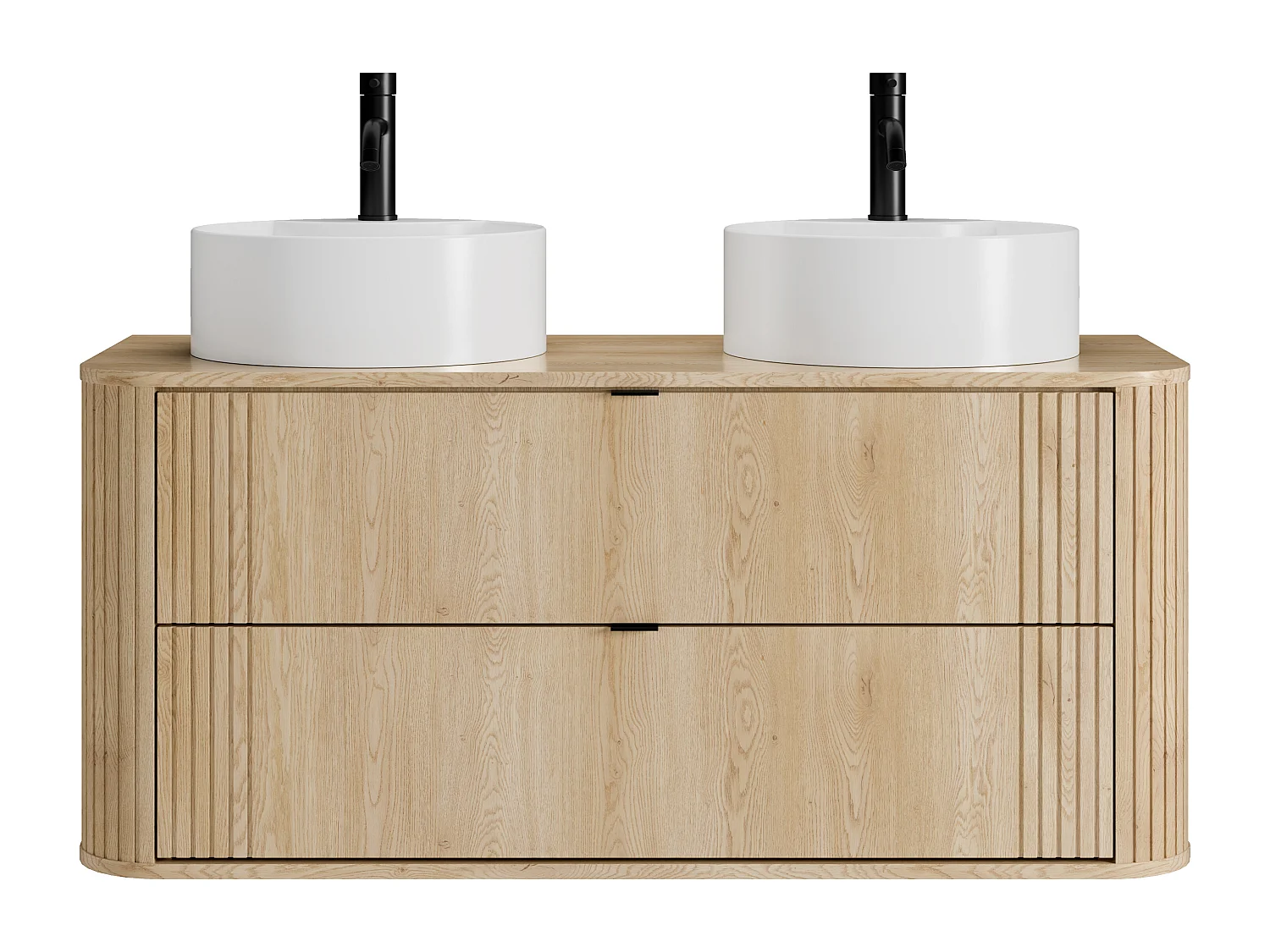 Hängender Waschtischunterschrank mit Doppel-Waschbecken rund zum Aufstellen und Armatur, helles Naturholz, L120 cm - FILOR
