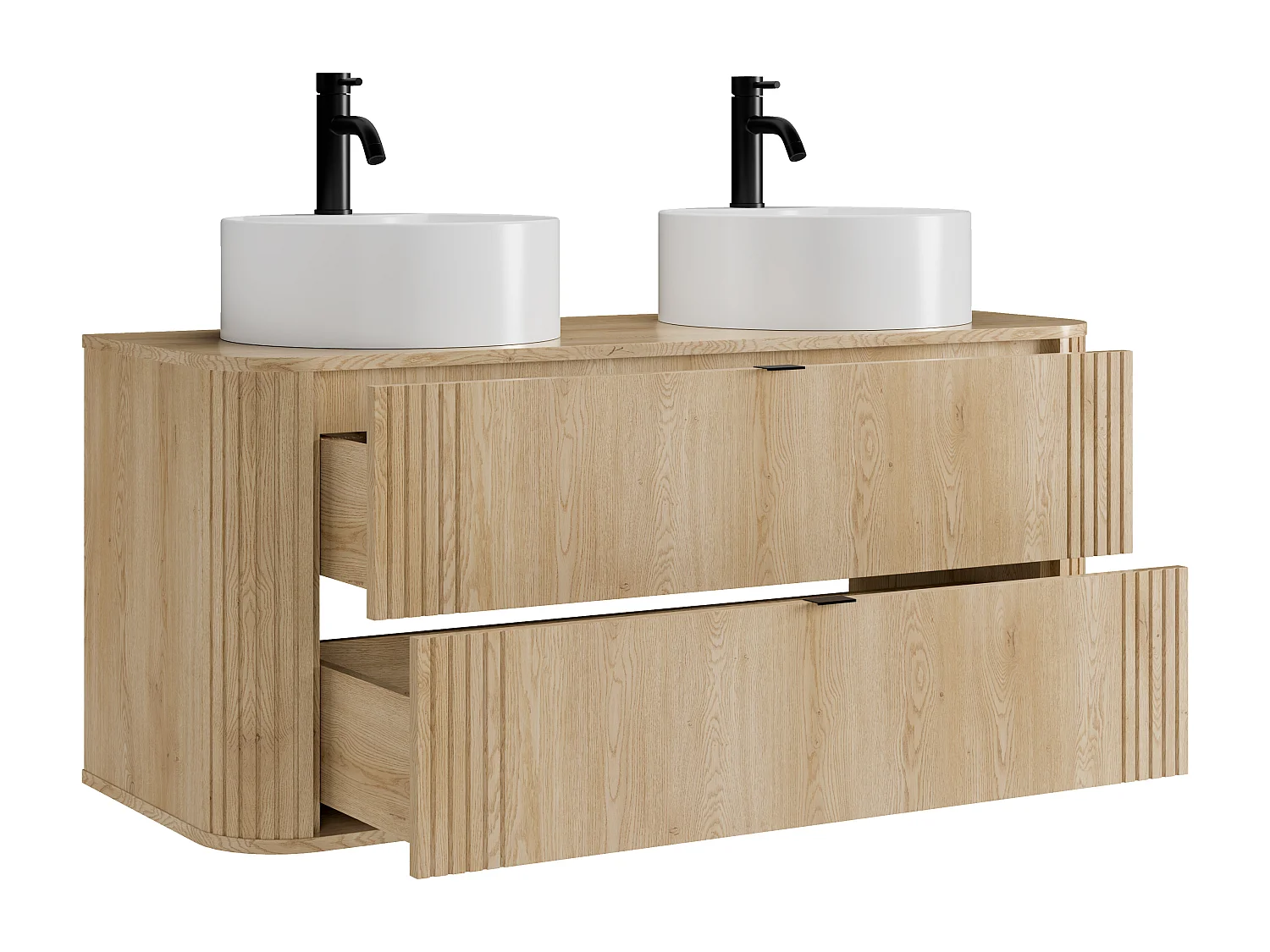 Hängender Waschtischunterschrank mit Doppel-Waschbecken rund zum Aufstellen und Armatur, helles Naturholz, L120 cm - FILOR