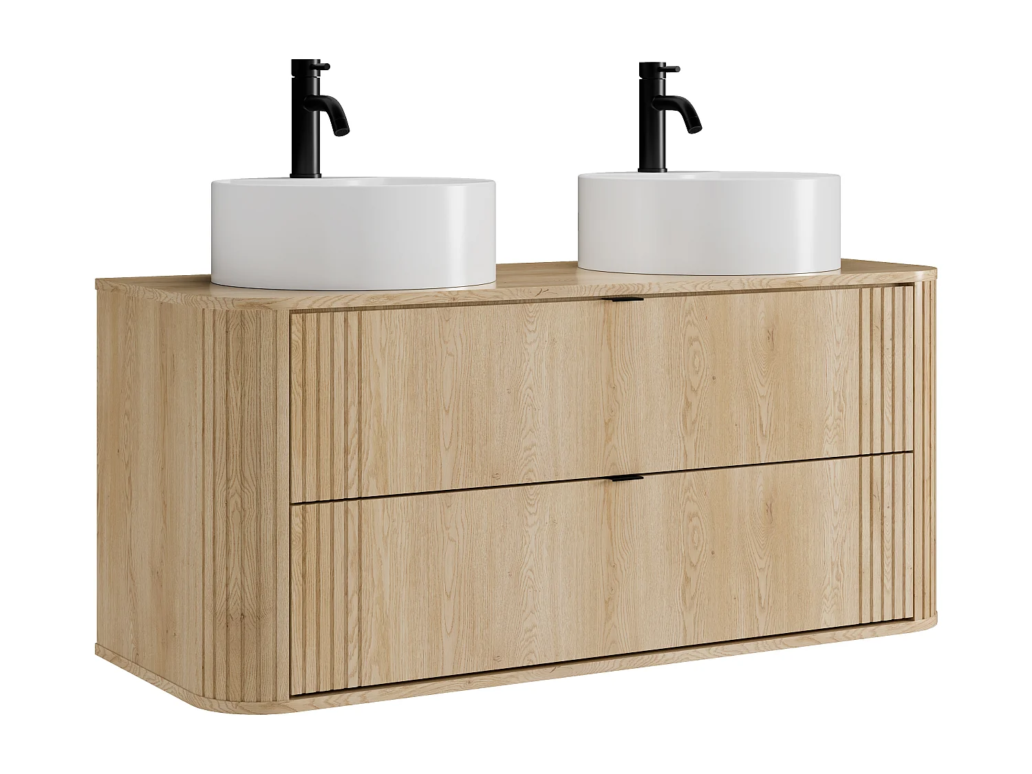 Hängender Waschtischunterschrank mit Doppel-Waschbecken rund zum Aufstellen und Armatur, helles Naturholz, L120 cm - FILOR