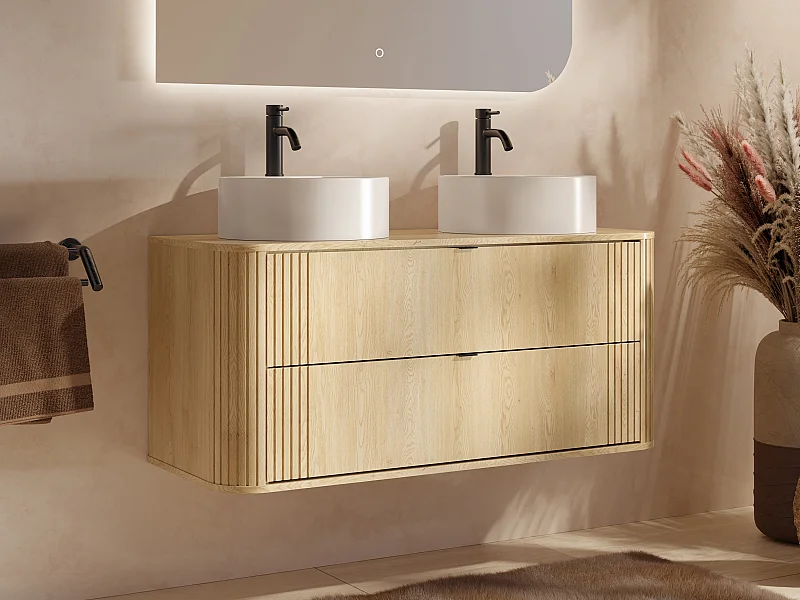 Mueble de baño suspendido con doble lavabo redondo sobre encimera y grifo - Natural claro - An. 120 cm - FILOR