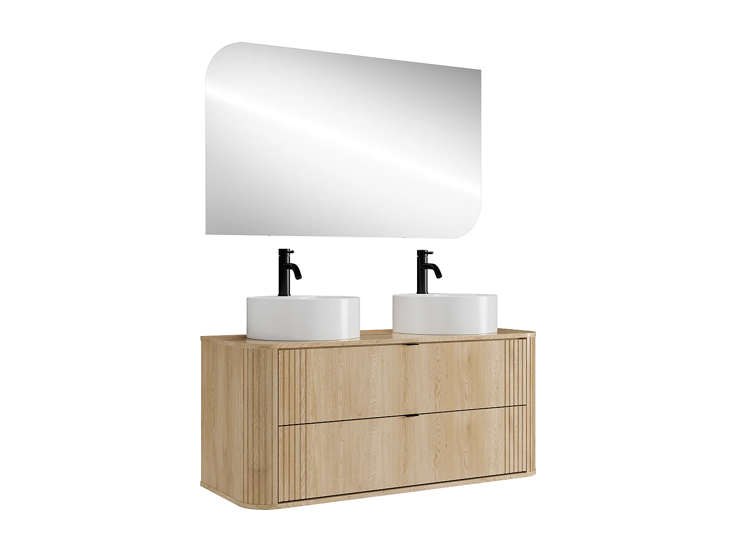 Hängender Waschtischunterschrank mit Doppel-Waschbecken rund zum Aufstellen, Armatur und Spiegel, helles Naturholz, L120 cm - FILOR