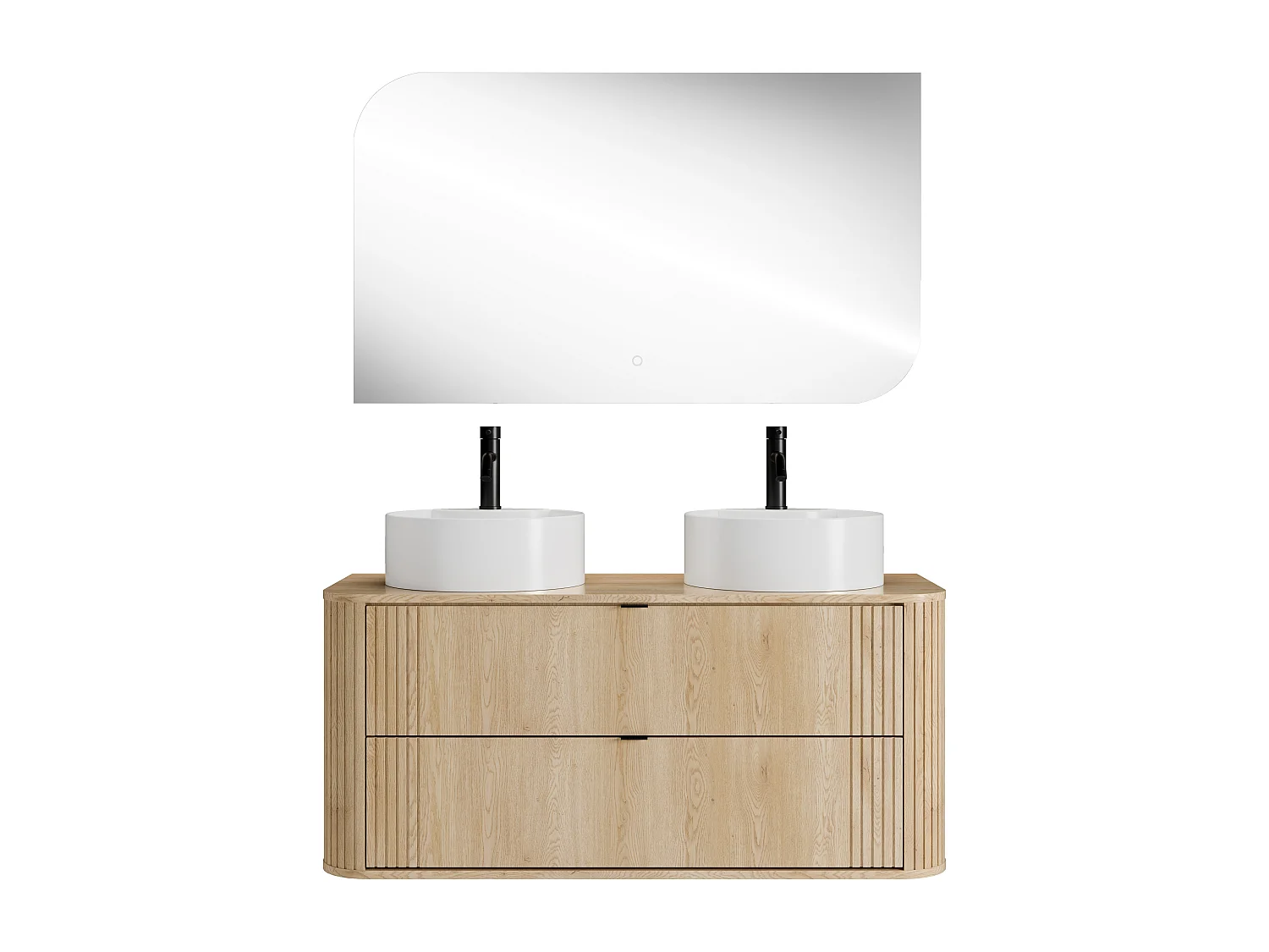 Hängender Waschtischunterschrank mit Doppel-Waschbecken rund zum Aufstellen, Armatur und Spiegel, helles Naturholz, L120 cm - FILOR
