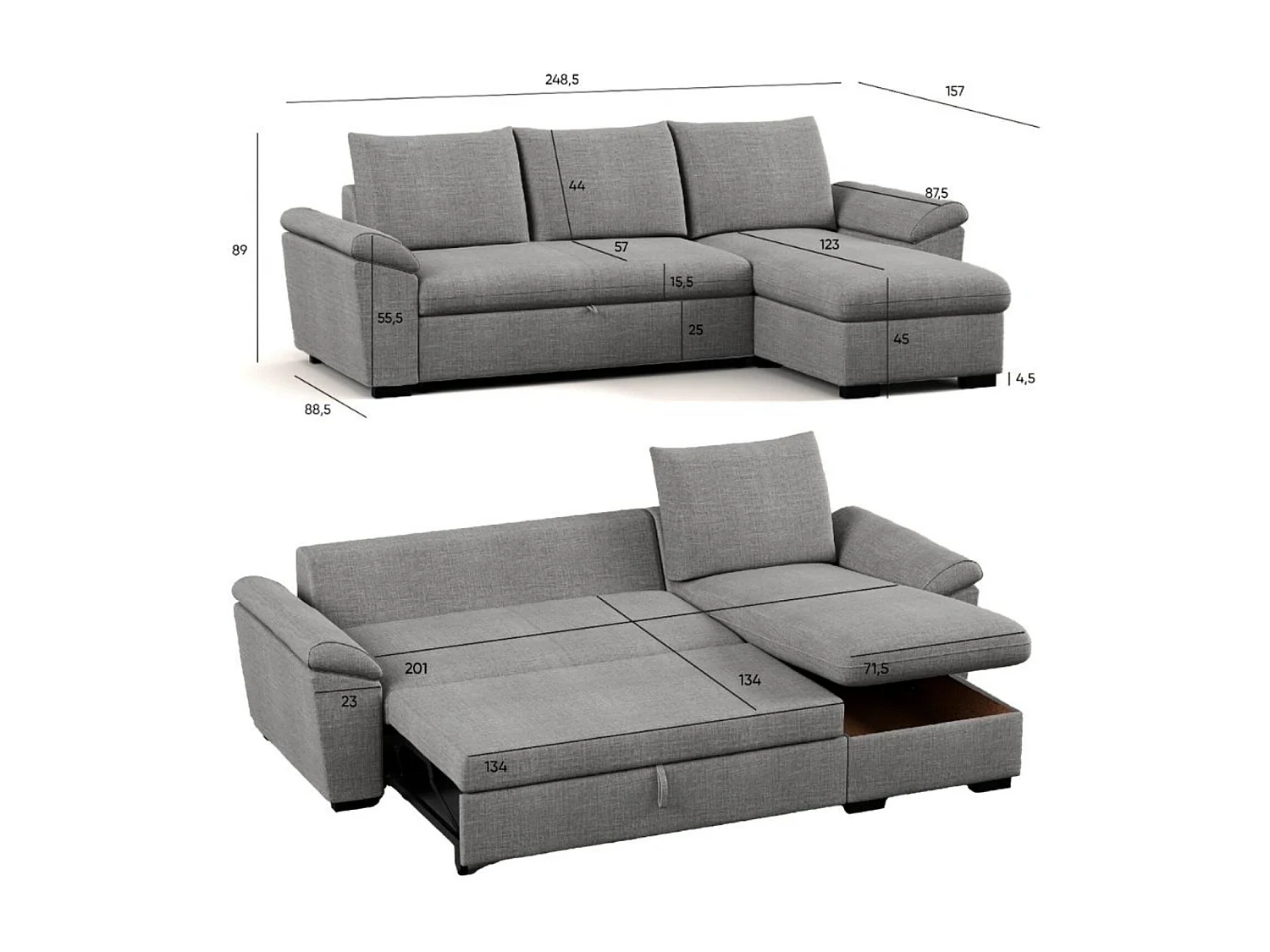 Canapé-Lit 3 Places BUDWING Lorenzo Gris + Méridienne avec Rangement + Accoudoir Type Sieste (248,5 x 157 x 89 cm – Réversible Côté Gauche/Droit)