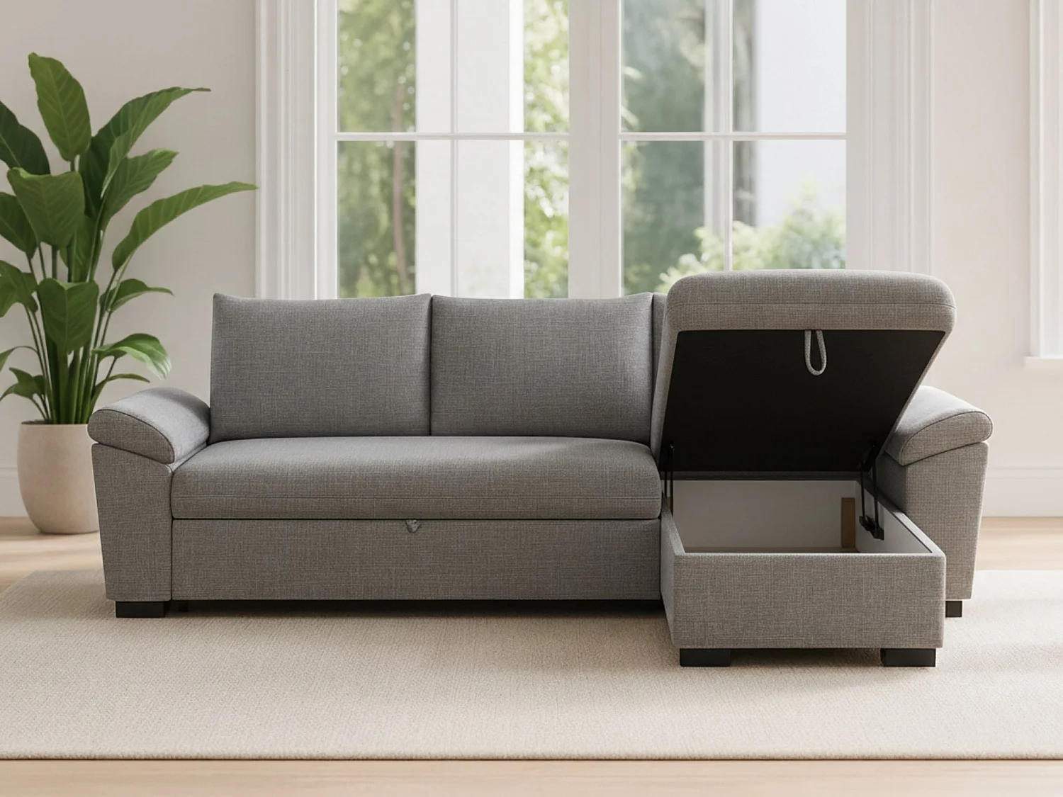 Canapé-Lit 3 Places BUDWING Lorenzo Gris + Méridienne avec Rangement + Accoudoir Type Sieste (248,5 x 157 x 89 cm – Réversible Côté Gauche/Droit)