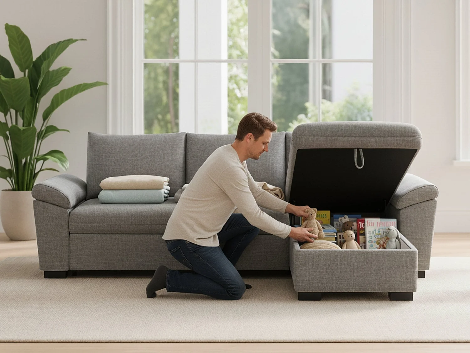 Canapé-Lit 3 Places BUDWING Lorenzo Gris + Méridienne avec Rangement + Accoudoir Type Sieste (248,5 x 157 x 89 cm – Réversible Côté Gauche/Droit)