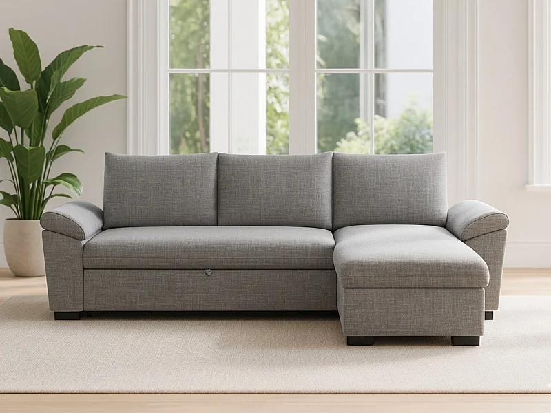 Canapé-Lit 3 Places BUDWING Lorenzo Gris + Méridienne avec Rangement + Accoudoir Type Sieste (248,5 x 157 x 89 cm – Réversible Côté Gauche/Droit)