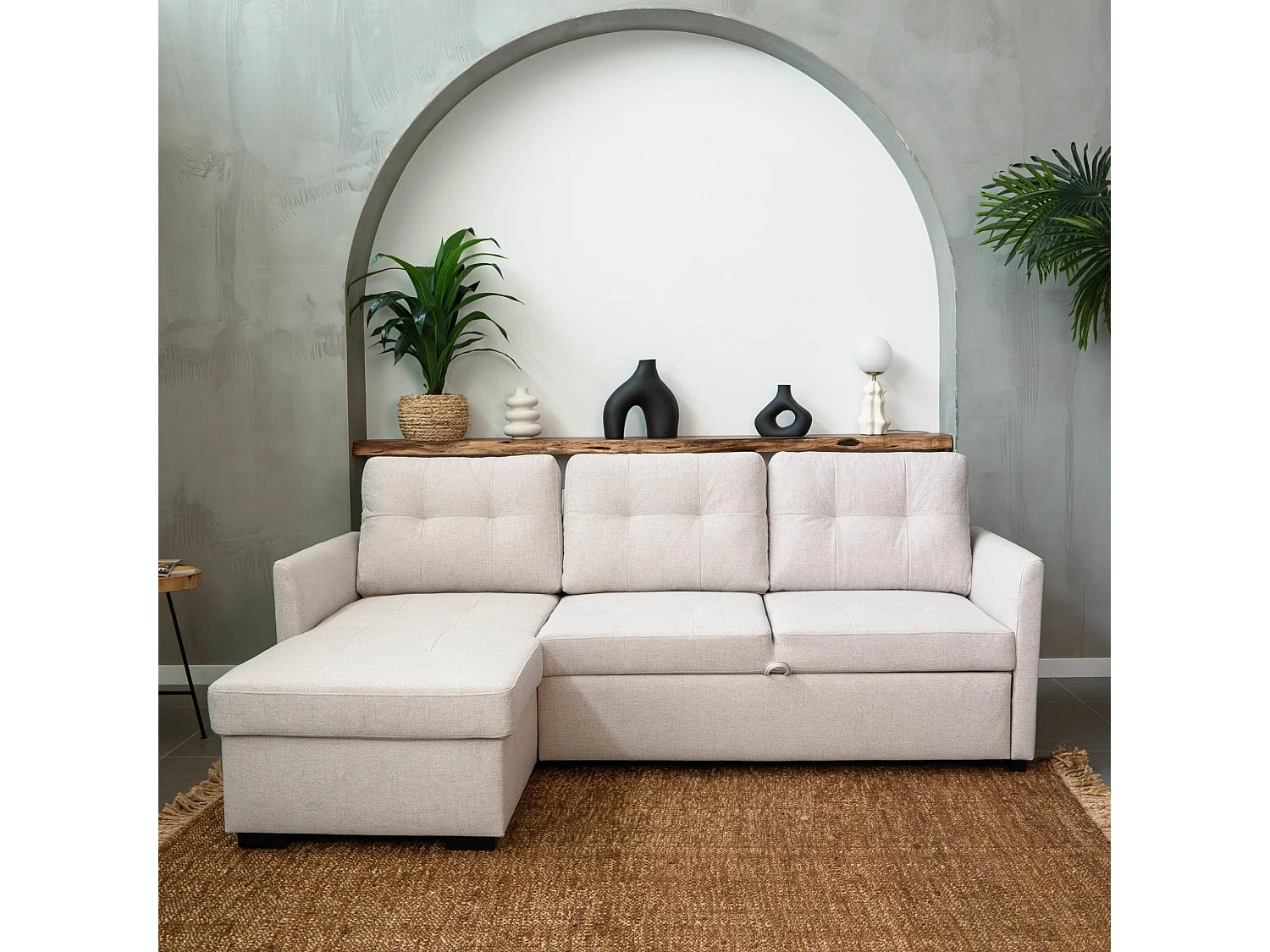 Canapé-Lit 3 Places BUDWING Enzo Beige avec Méridienne Réversible Côté Gauche/Droit (218 x 152 x 88 cm)