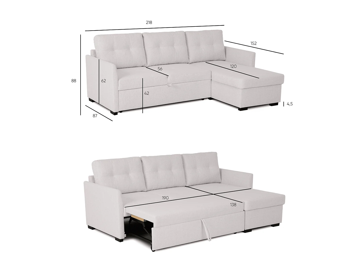 Canapé-Lit 3 Places BUDWING Enzo Beige avec Méridienne Réversible Côté Gauche/Droit (218 x 152 x 88 cm)