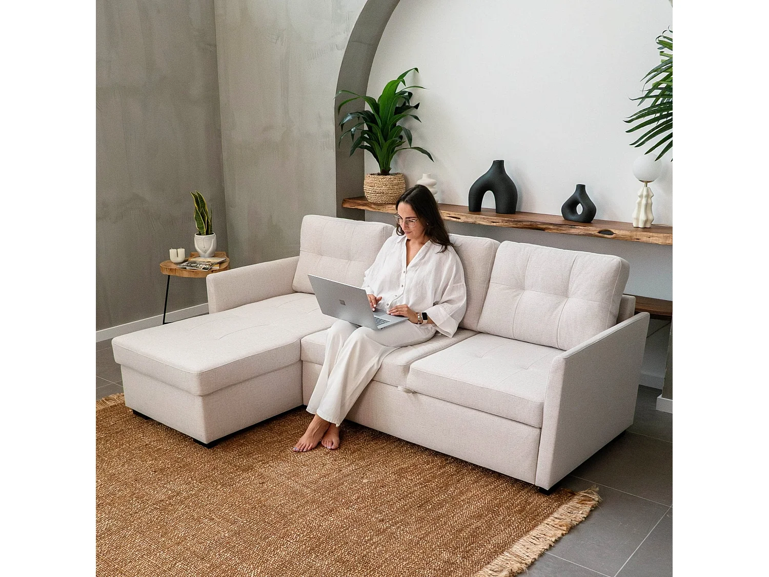 Canapé-Lit 3 Places BUDWING Enzo Gris avec Méridienne Réversible Côté Gauche/Droit (218 x 152 x 88 cm)