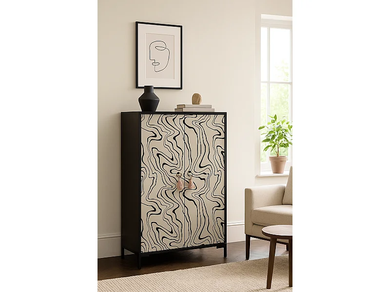 Sideboard aus MDF mit 2 dekorativen Türen mit Motiv aus schwarzen, gewellten Linien