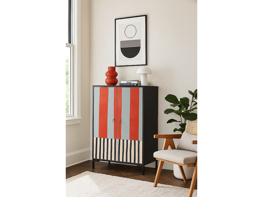 Sideboard aus MDF mit 2 dekorativen Türen mit Streifenmuster in Terrakotta und Grau