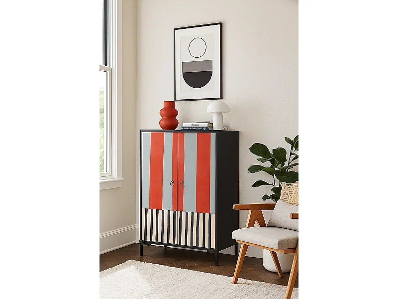 Sideboard aus MDF mit 2 dekorativen Türen mit Streifenmuster in Terrakotta und Grau