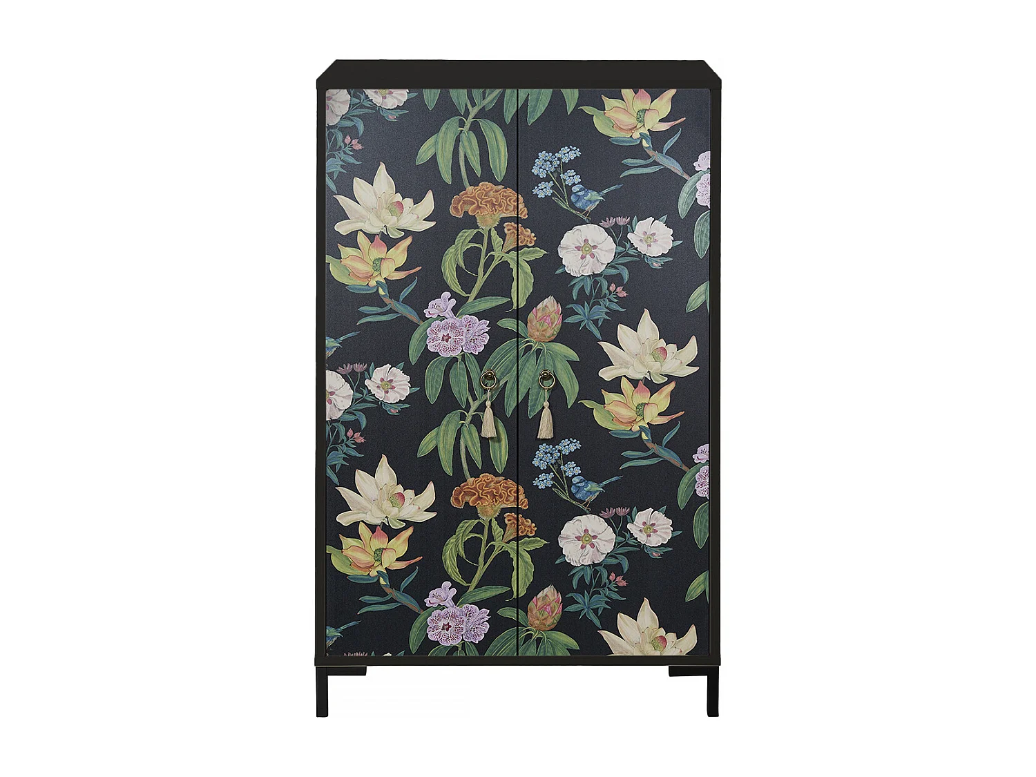 Sideboard aus MDF mit 2 dekorativen Türen mit schwarzem Blumenmotiv