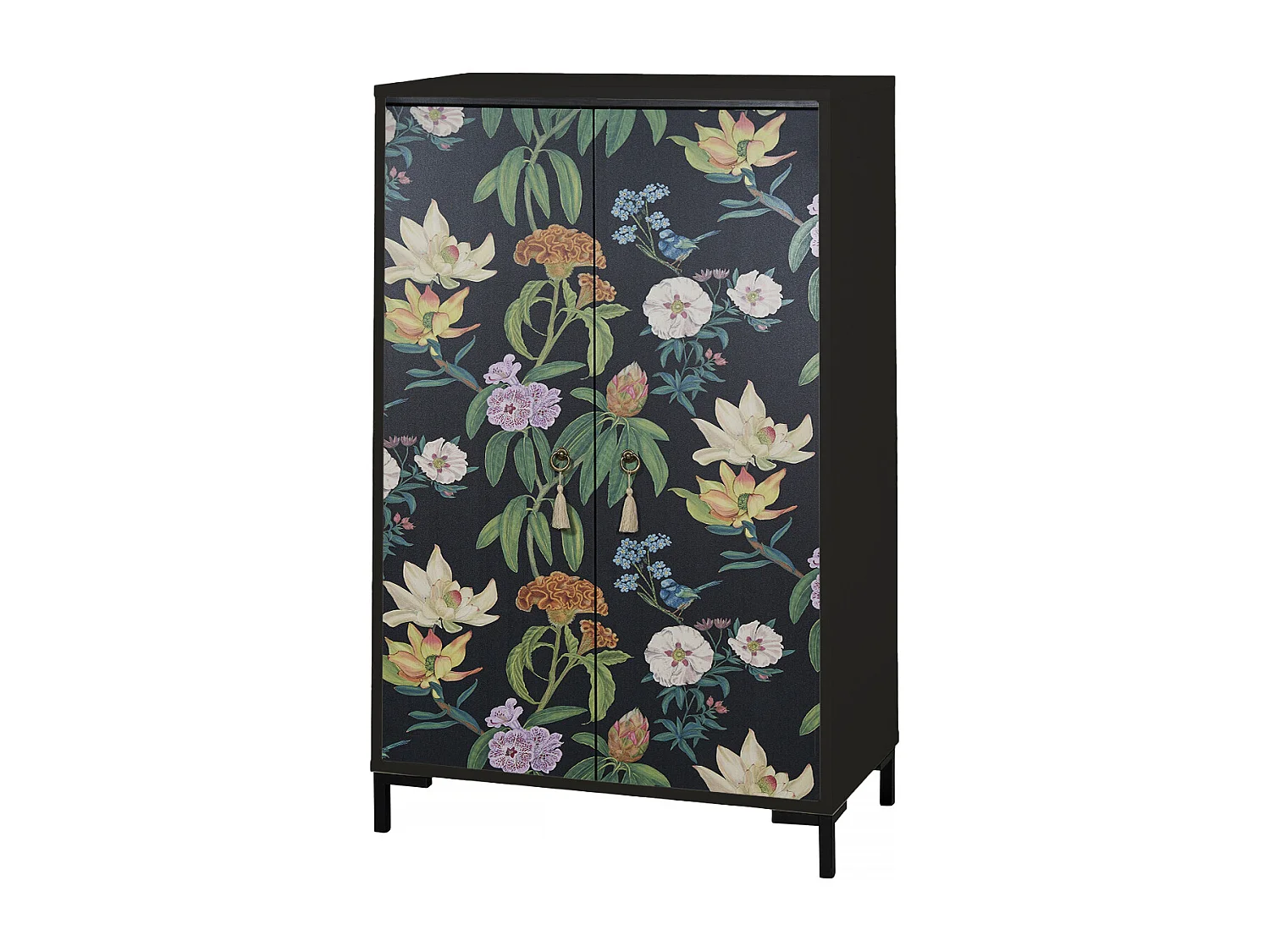 Sideboard aus MDF mit 2 dekorativen Türen mit schwarzem Blumenmotiv