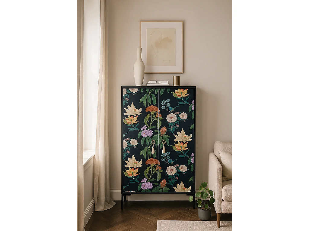 Sideboard aus MDF mit 2 dekorativen Türen mit schwarzem Blumenmotiv