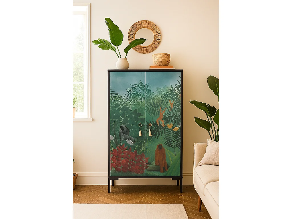 Sideboard aus MDF mit 2 dekorativen Türen mit Motiv in tiefem Dschungelgrün