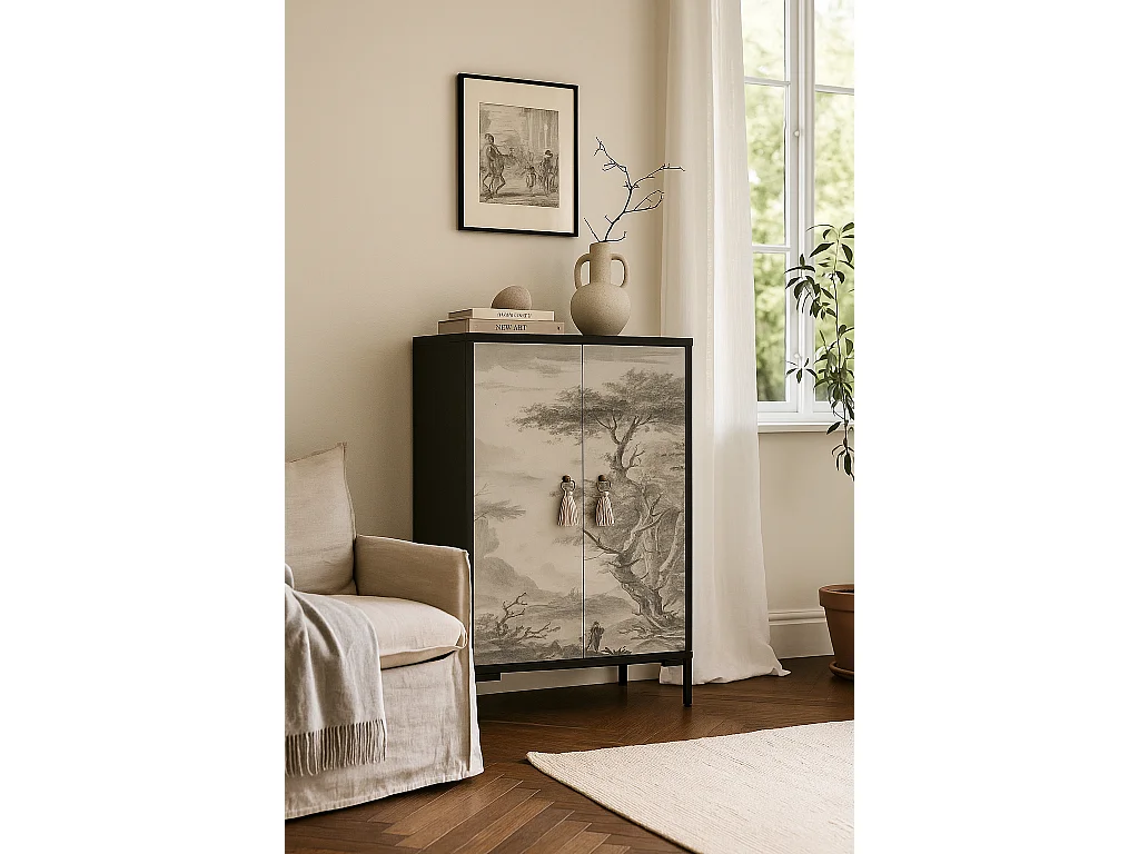 Sideboard aus MDF mit 2 dekorativen Türen mit Motiv in Vintage-Sepiagrau