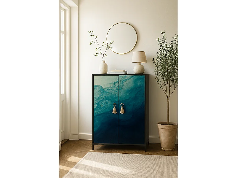 Aparador de MDF con 2 puertas decorativas con motivo en azul océano