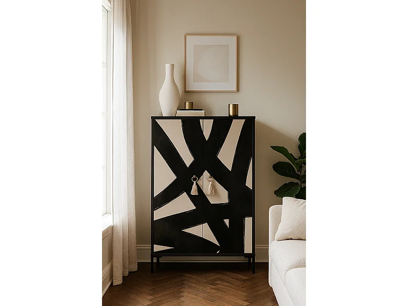 Sideboard aus MDF mit 2 dekorativen Türen mit grafischem Motiv in Schwarz und Taupe