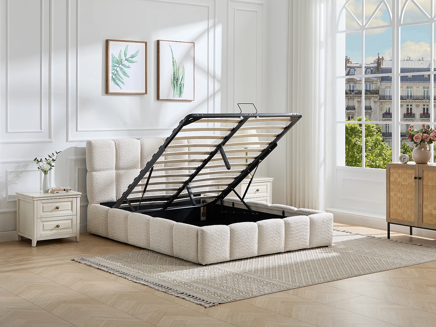 Storage Bed 140 x 190 cm – Boucle Fabric – Beige + Mattress - DILUDO