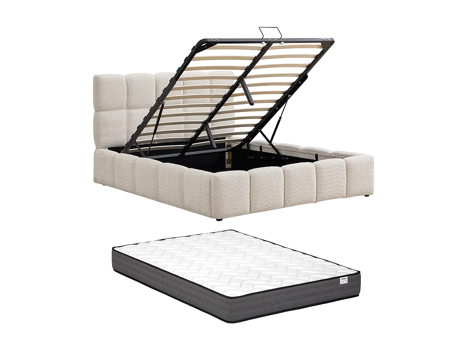 Storage Bed 140 x 190 cm – Boucle Fabric – Beige + Mattress - DILUDO
