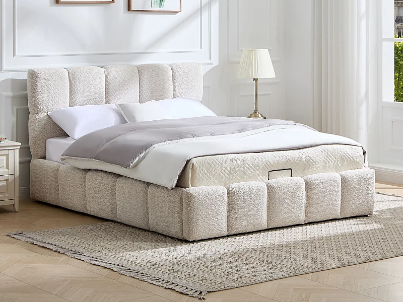 Lit coffre 200 x 200 cm – Tissu bouclette – Beige + Matelas - DILUDO