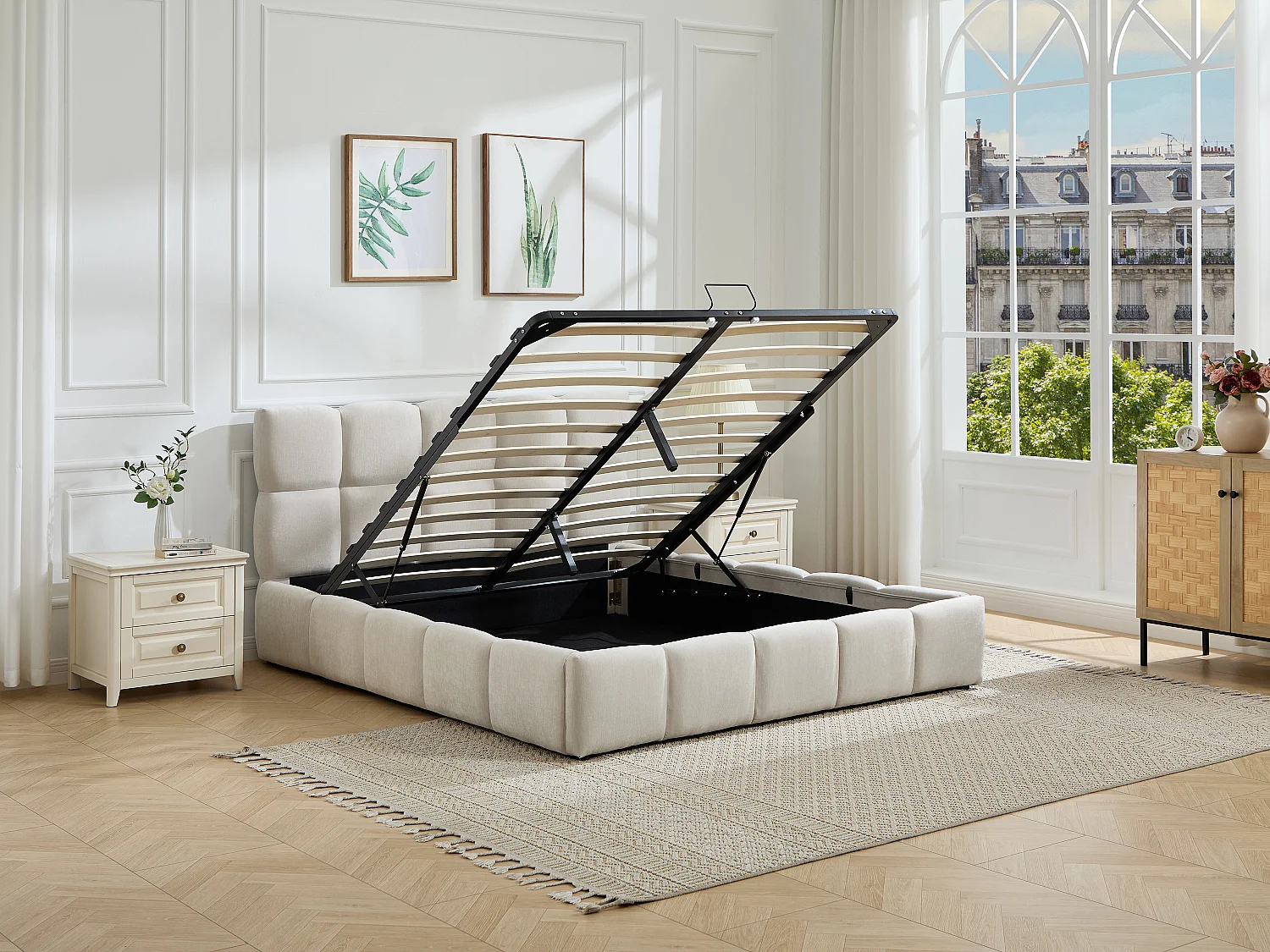 Ottoman Storage Bed 140 x 190 cm – Fabric – Beige + Mattress - DILUDO
