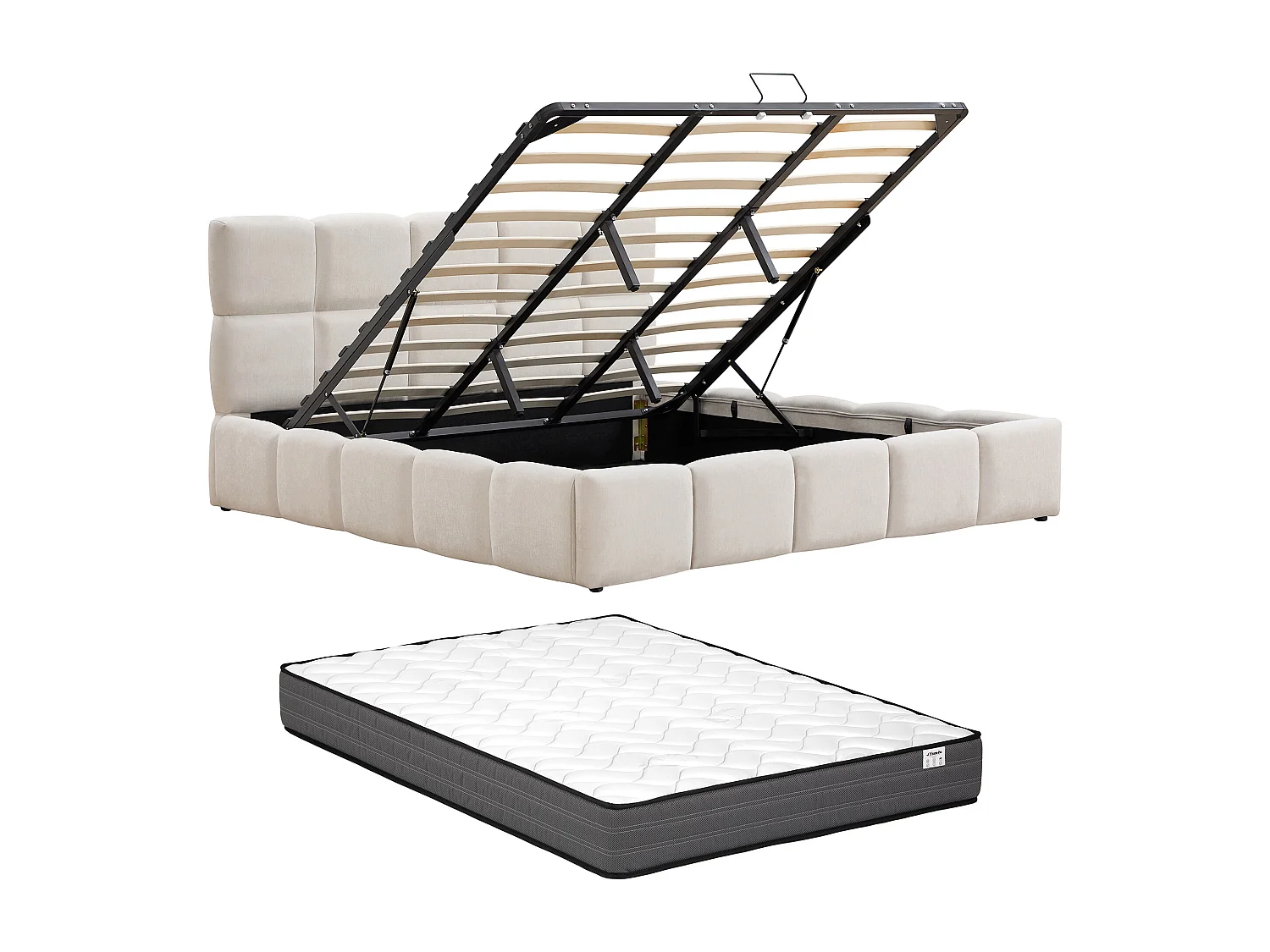 Lit coffre 200 x 200 cm – Tissu – Beige + Matelas - DILUDO