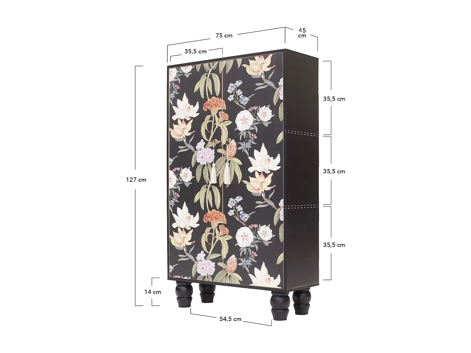 Armario aparador de MDF estampado floral sobre fondo negro