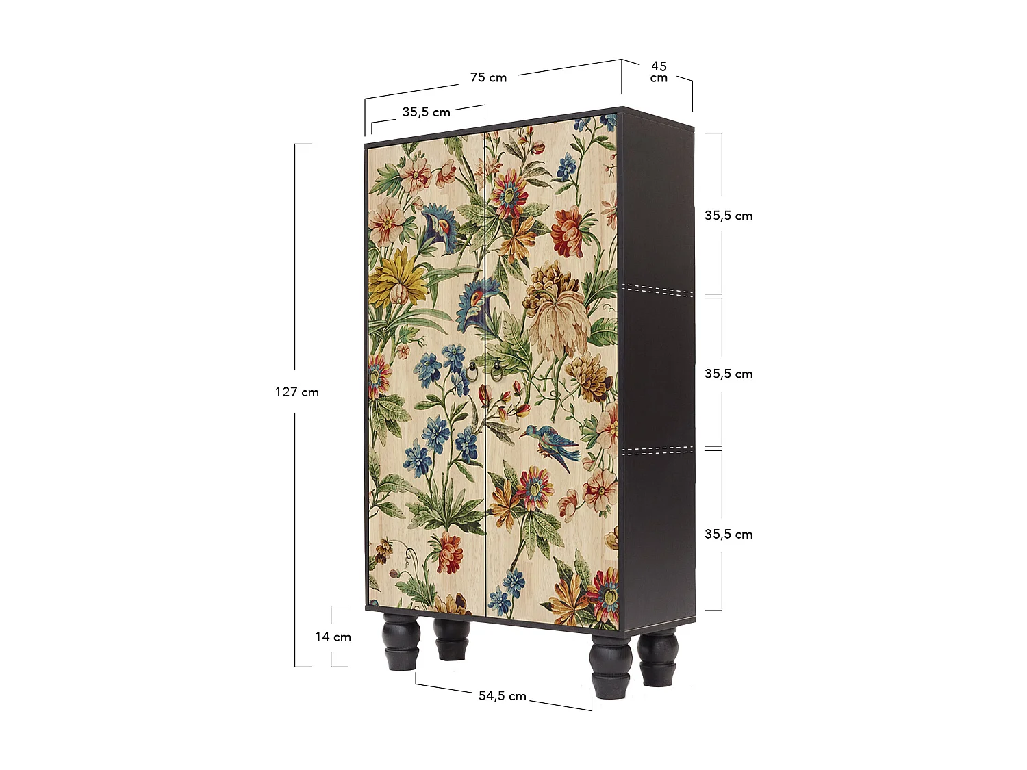 Armario aparador de MDF estampado floral sobre fondo negro