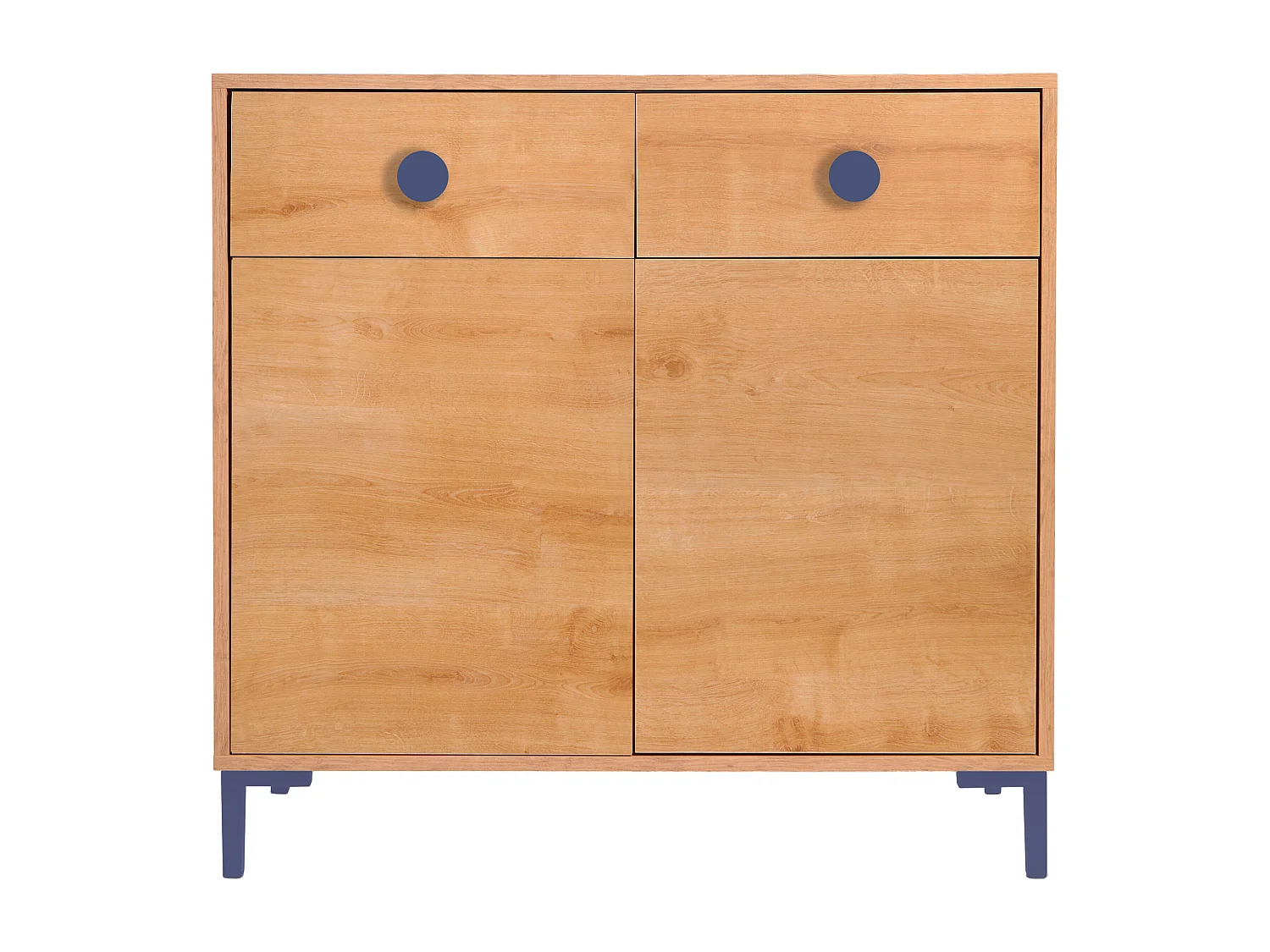 Cómoda 2 puertas 2 cajones color roble y detalles en azúl
