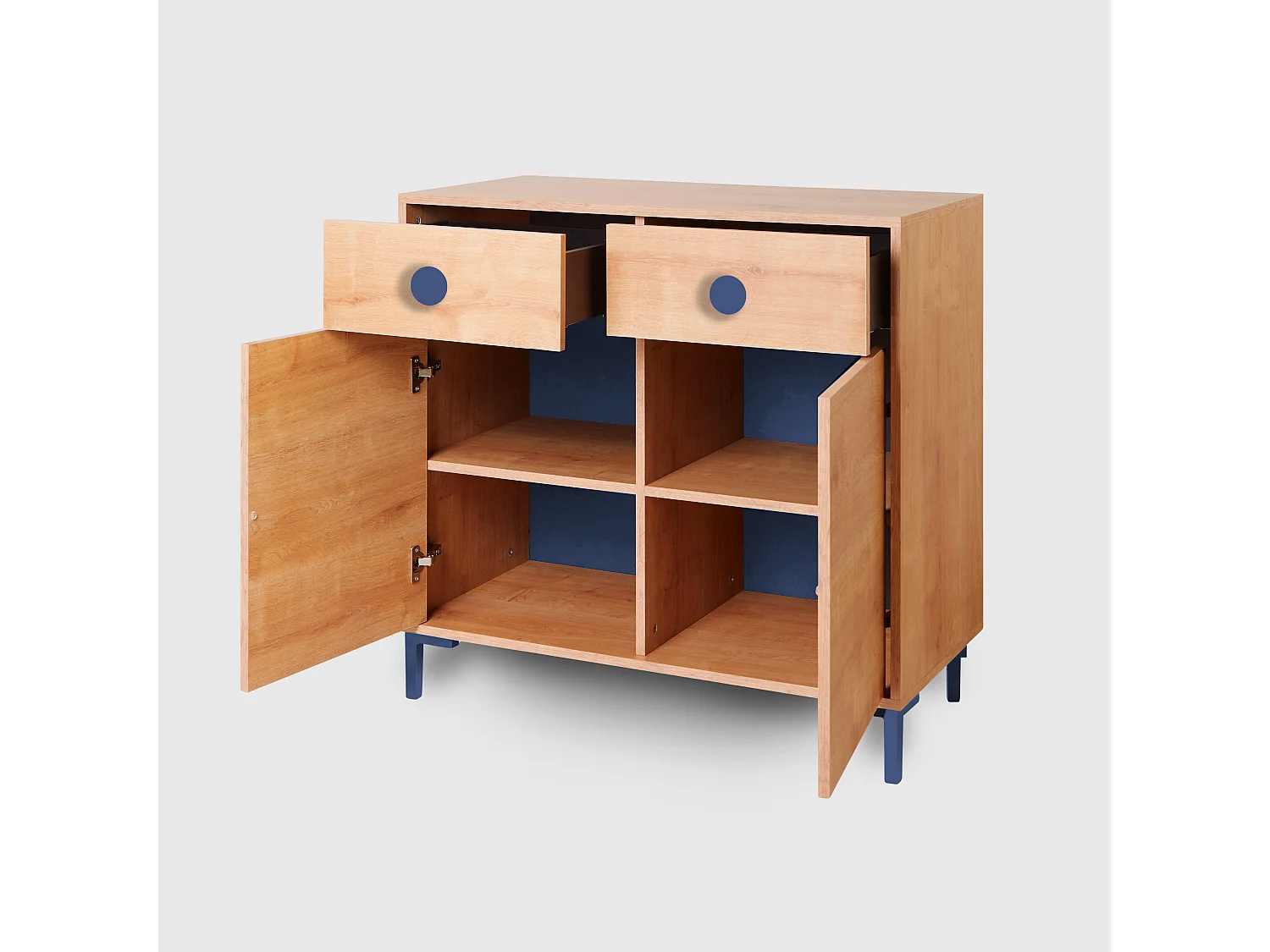 Cómoda 2 puertas 2 cajones color roble y detalles en azúl