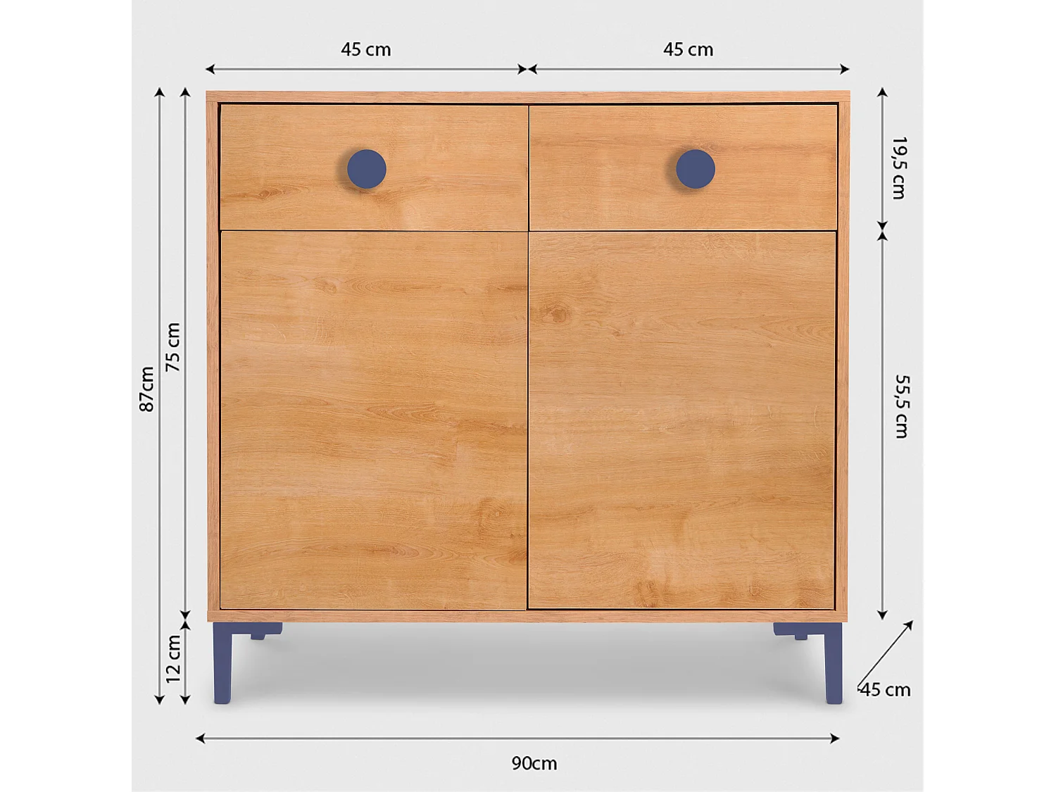 Cómoda 2 puertas 2 cajones color roble y detalles en azúl