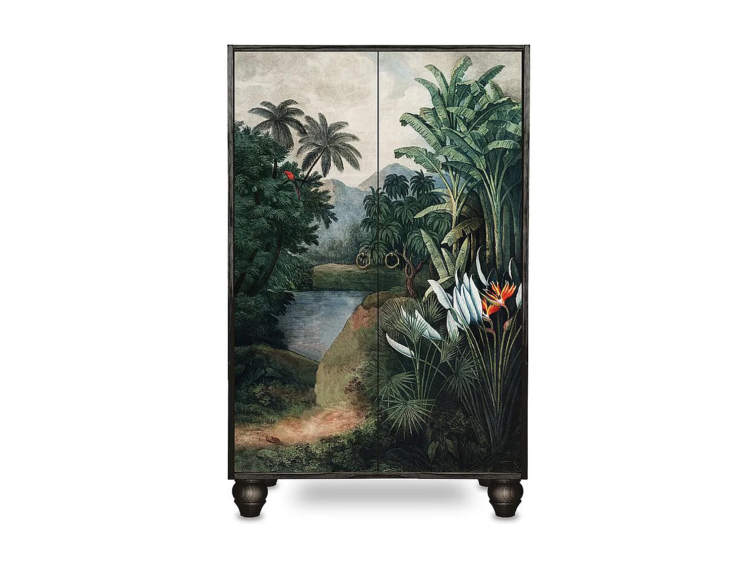 Armario aparador de MDF estampado tropical sobre fondo negro