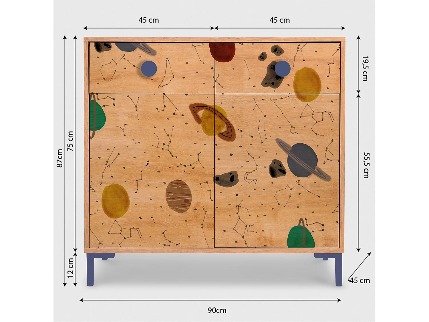 Cómoda 2 puertas 2 cajones color roble estampado espacio